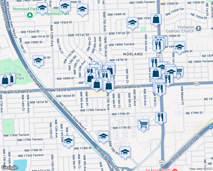 map of restaurants, bars, coffee shops, grocery stores, and more near 701 Northwest 183rd Street in Miami Gardens