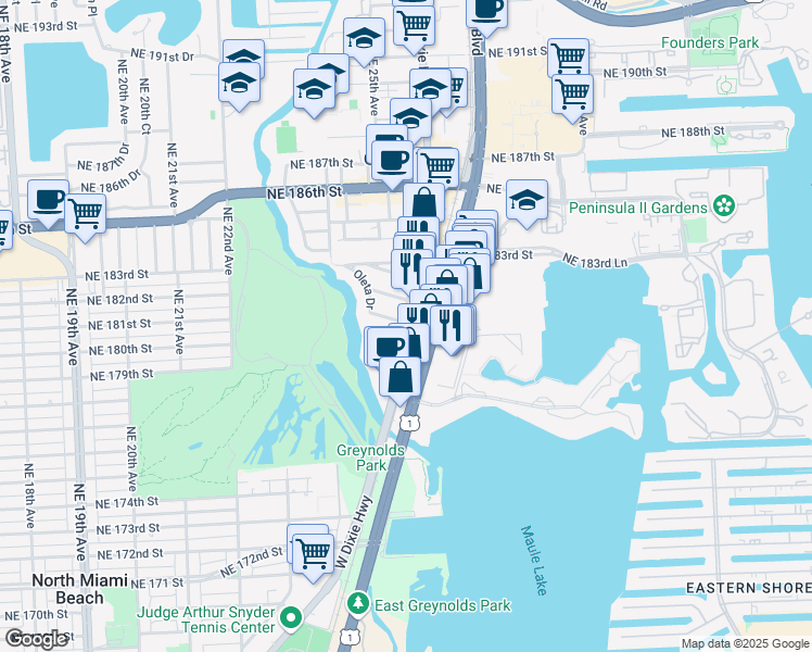 map of restaurants, bars, coffee shops, grocery stores, and more near 18060 West Dixie Highway in Aventura