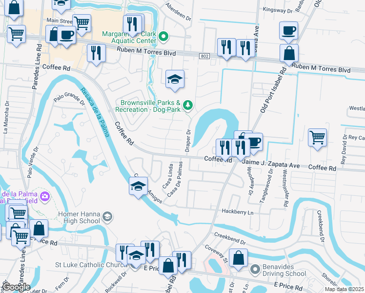 map of restaurants, bars, coffee shops, grocery stores, and more near 2873 Greenhaven Drive in Brownsville