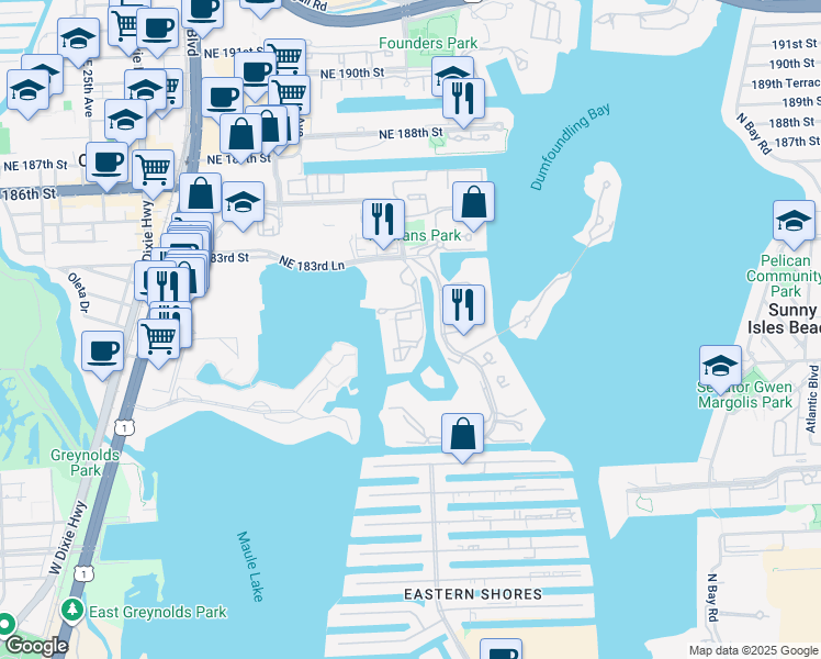 map of restaurants, bars, coffee shops, grocery stores, and more near 17900 Northeast 31st Court in Aventura