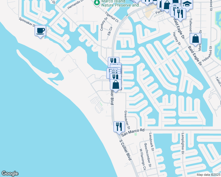 map of restaurants, bars, coffee shops, grocery stores, and more near 240 North Collier Boulevard in Marco Island