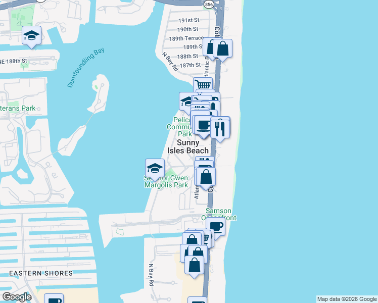 map of restaurants, bars, coffee shops, grocery stores, and more near in Sunny Isles Beach