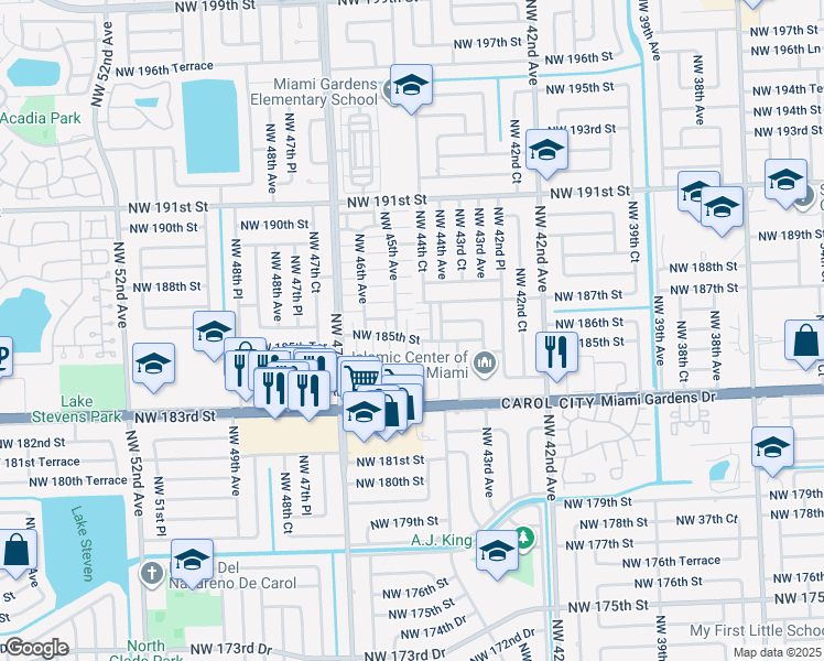 map of restaurants, bars, coffee shops, grocery stores, and more near 4475 Northwest 185th Street in Miami Gardens
