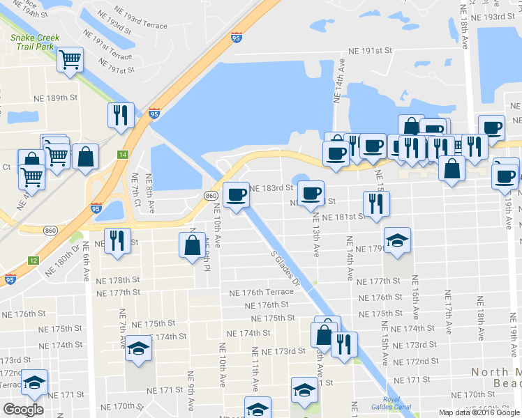 map of restaurants, bars, coffee shops, grocery stores, and more near 1132 Northeast 182nd Street in North Miami Beach