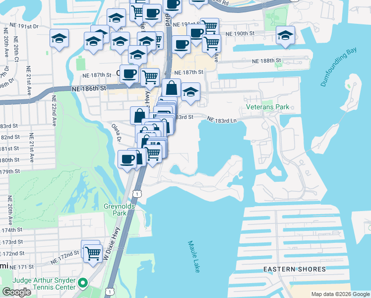 map of restaurants, bars, coffee shops, grocery stores, and more near 18061 Biscayne Boulevard in Aventura