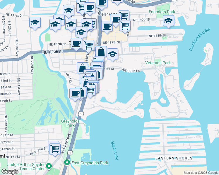 map of restaurants, bars, coffee shops, grocery stores, and more near 18061 Biscayne Boulevard in Aventura