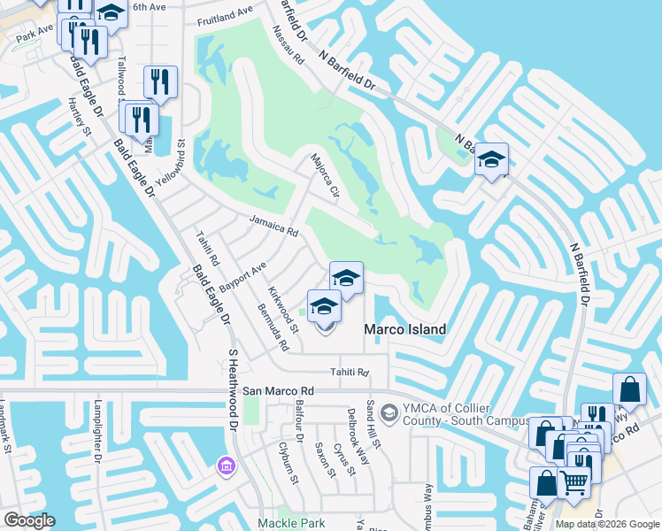 map of restaurants, bars, coffee shops, grocery stores, and more near 1432 Jamaica Road in Marco Island