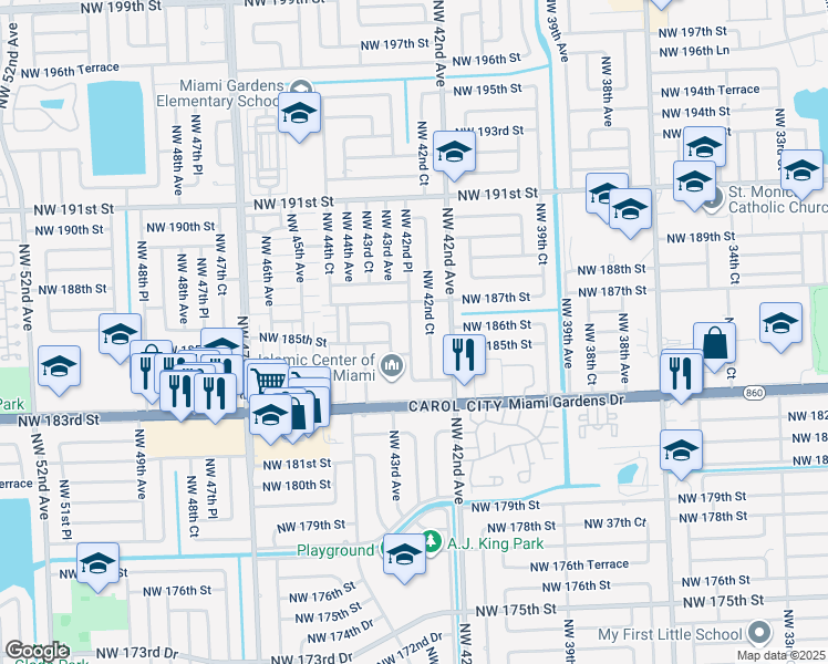 map of restaurants, bars, coffee shops, grocery stores, and more near 18555 Northwest 42nd Place in Miami Gardens