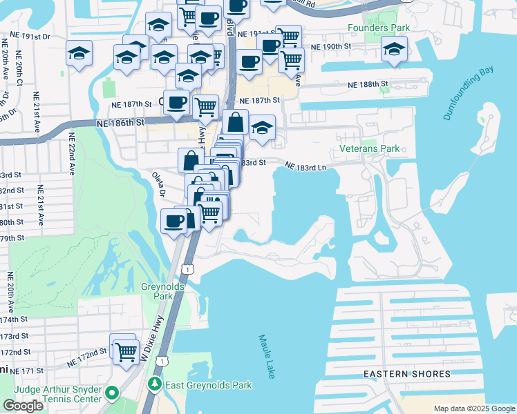 map of restaurants, bars, coffee shops, grocery stores, and more near 18061 Biscayne Boulevard in Aventura