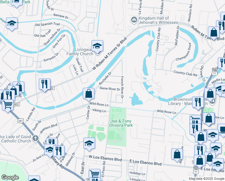 map of restaurants, bars, coffee shops, grocery stores, and more near 1002 Siene River in Brownsville
