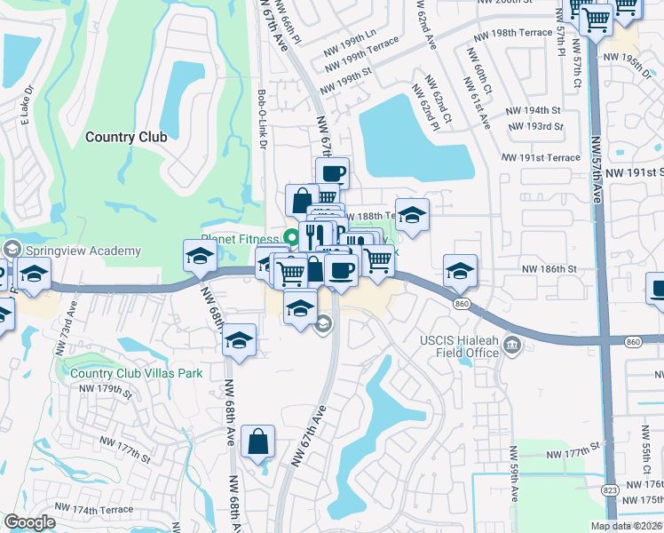 map of restaurants, bars, coffee shops, grocery stores, and more near 18630 Northwest 67th Avenue in Hialeah