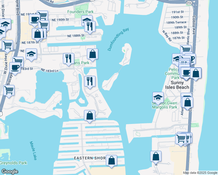 map of restaurants, bars, coffee shops, grocery stores, and more near 3920 Island Estates Drive in Miami