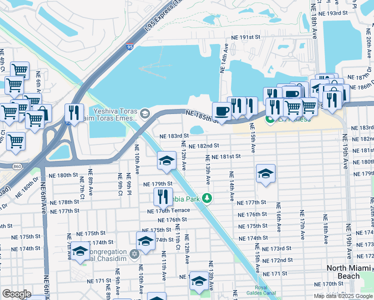 map of restaurants, bars, coffee shops, grocery stores, and more near 1200 Northeast 182nd Street in North Miami Beach