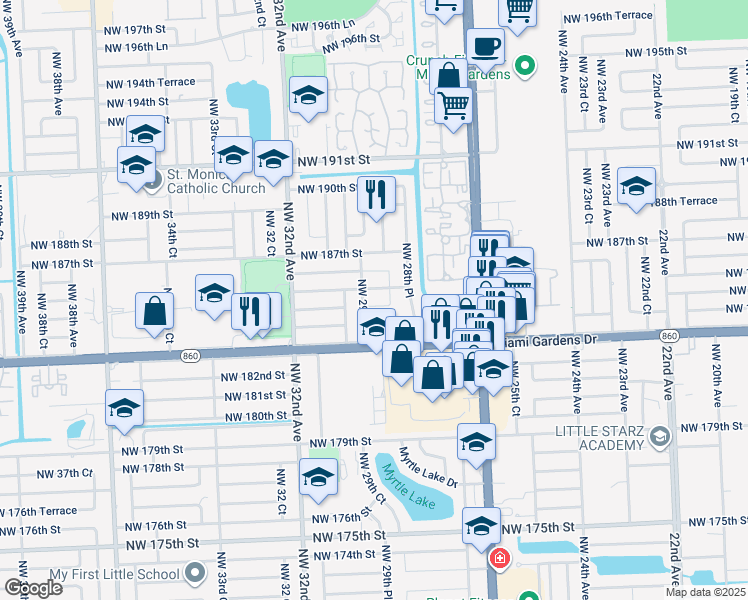 map of restaurants, bars, coffee shops, grocery stores, and more near 2921 Northwest 185th Street in Miami Gardens
