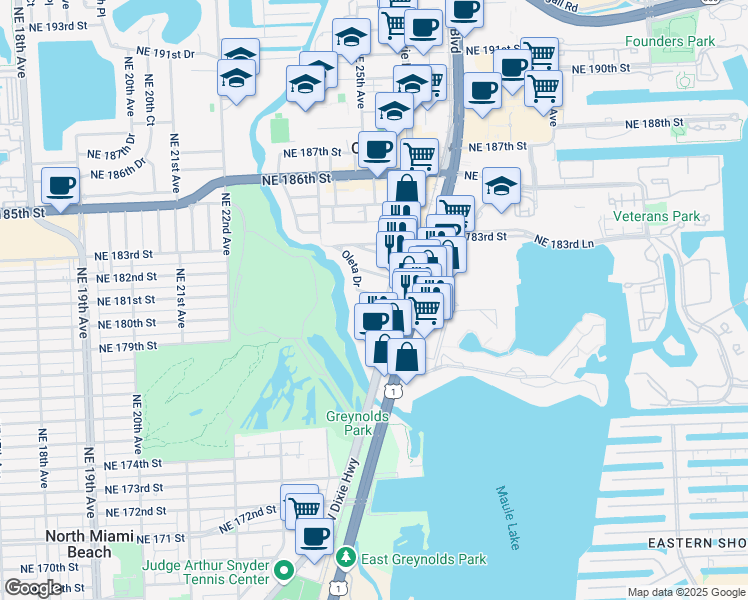 map of restaurants, bars, coffee shops, grocery stores, and more near 2500 Northeast 181st Street in Miami