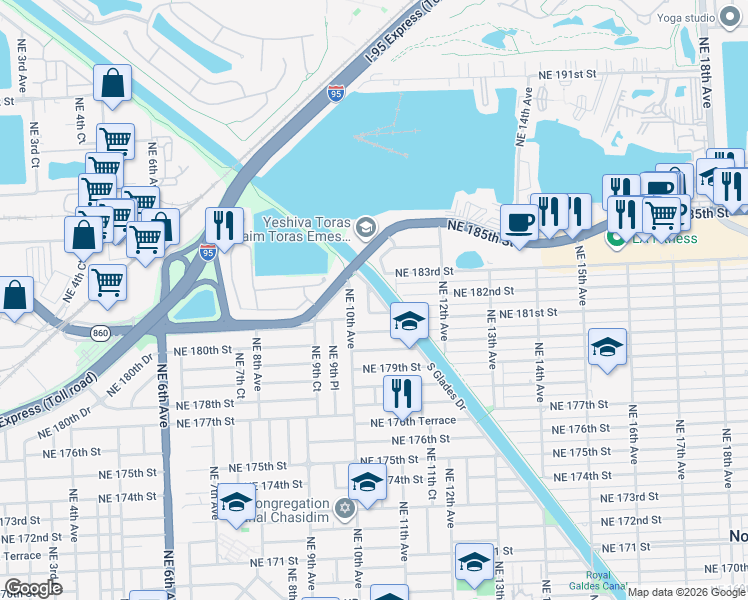 map of restaurants, bars, coffee shops, grocery stores, and more near 18140 South Glades Drive in North Miami Beach