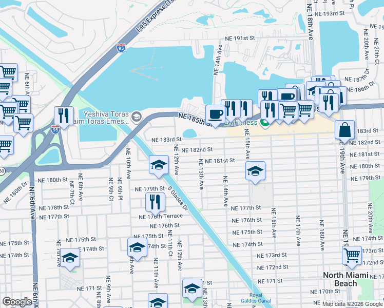 map of restaurants, bars, coffee shops, grocery stores, and more near 1282 Northeast 182nd Street in North Miami Beach