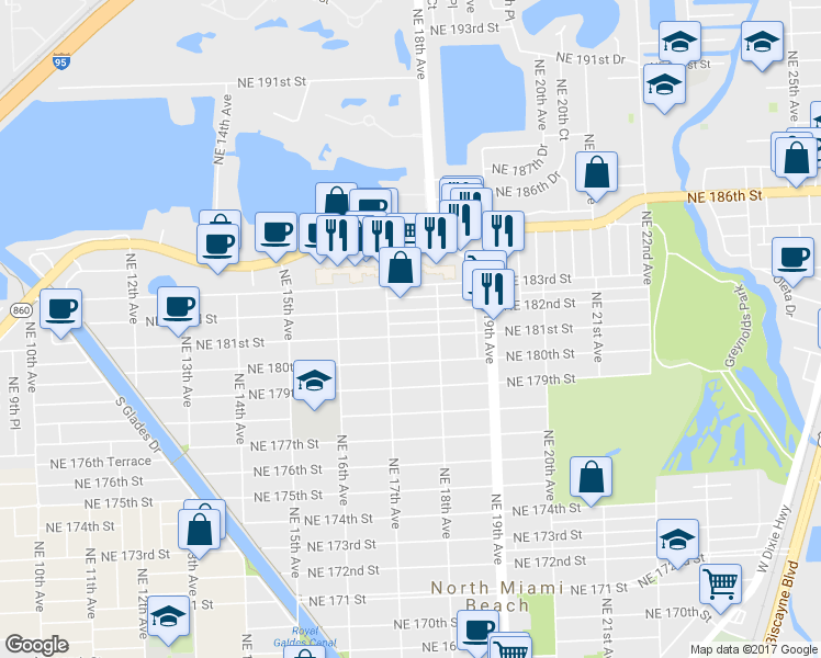 map of restaurants, bars, coffee shops, grocery stores, and more near 1745 Northeast 181st Street in North Miami Beach