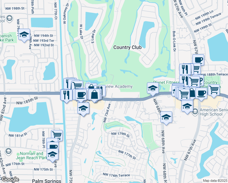 map of restaurants, bars, coffee shops, grocery stores, and more near 7301 Northwest 186th Street in Hialeah