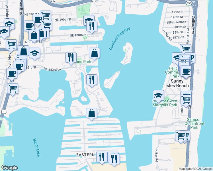 map of restaurants, bars, coffee shops, grocery stores, and more near 3911 Island Estates Drive in Miami