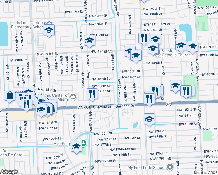 map of restaurants, bars, coffee shops, grocery stores, and more near 3940 Northwest 186th Street in Miami Gardens