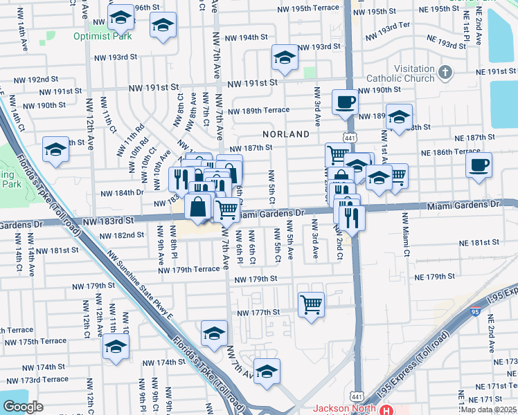 map of restaurants, bars, coffee shops, grocery stores, and more near 581 Northwest 183rd Street in Miami