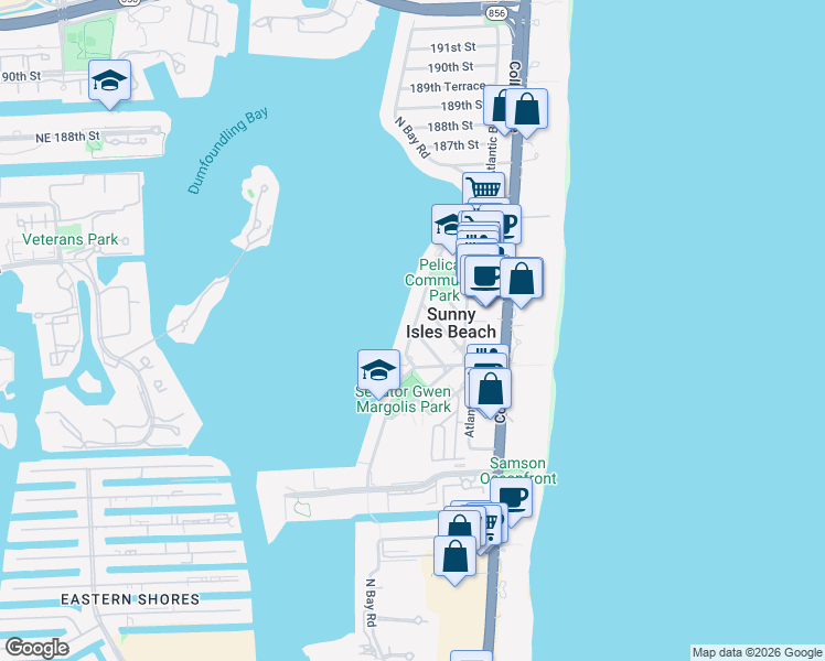 map of restaurants, bars, coffee shops, grocery stores, and more near 17878 North Bay Road in Sunny Isles Beach