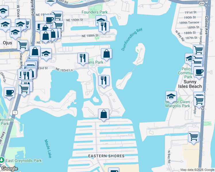 map of restaurants, bars, coffee shops, grocery stores, and more near 6000 East Island Boulevard in Aventura
