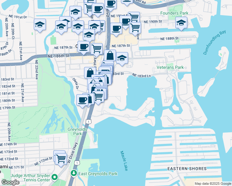 map of restaurants, bars, coffee shops, grocery stores, and more near 18061 Biscayne Boulevard in Aventura
