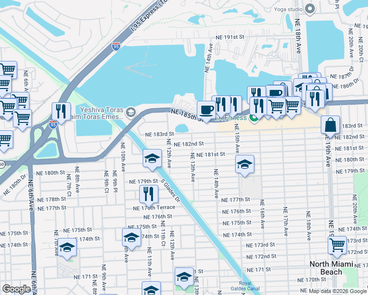 map of restaurants, bars, coffee shops, grocery stores, and more near 1282 Northeast 182nd Street in North Miami Beach