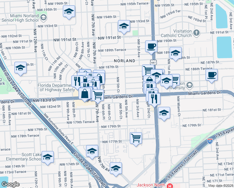 map of restaurants, bars, coffee shops, grocery stores, and more near 581 Northwest 183rd Street in Miami