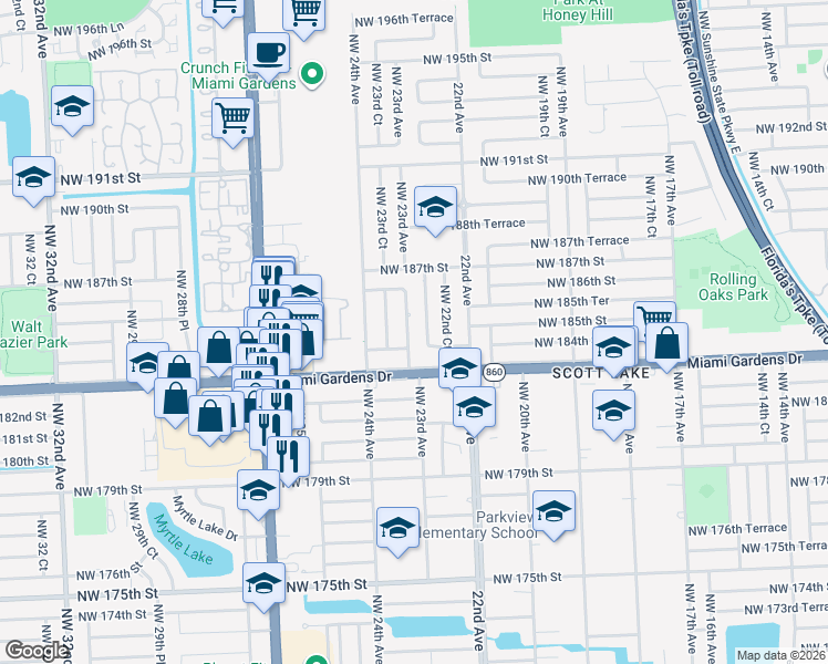 map of restaurants, bars, coffee shops, grocery stores, and more near 18425 Northwest 23rd Avenue in Miami Gardens