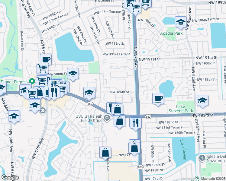 map of restaurants, bars, coffee shops, grocery stores, and more near 6090 Northwest 186th Street in Hialeah
