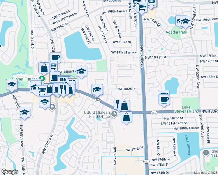 map of restaurants, bars, coffee shops, grocery stores, and more near 18340 Northwest 62nd Avenue in Hialeah