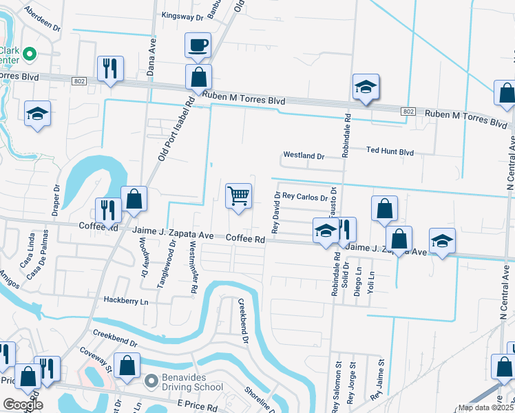 map of restaurants, bars, coffee shops, grocery stores, and more near 4025 Jaime J. Zapata Avenue in Brownsville