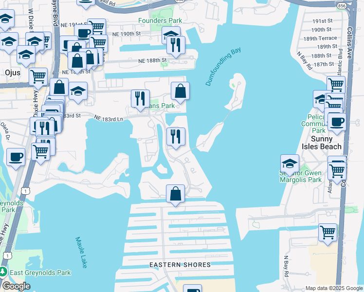map of restaurants, bars, coffee shops, grocery stores, and more near 6000 E Island Blvd in Aventura