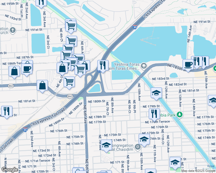 map of restaurants, bars, coffee shops, grocery stores, and more near 18221 Northeast 7th Court in North Miami Beach