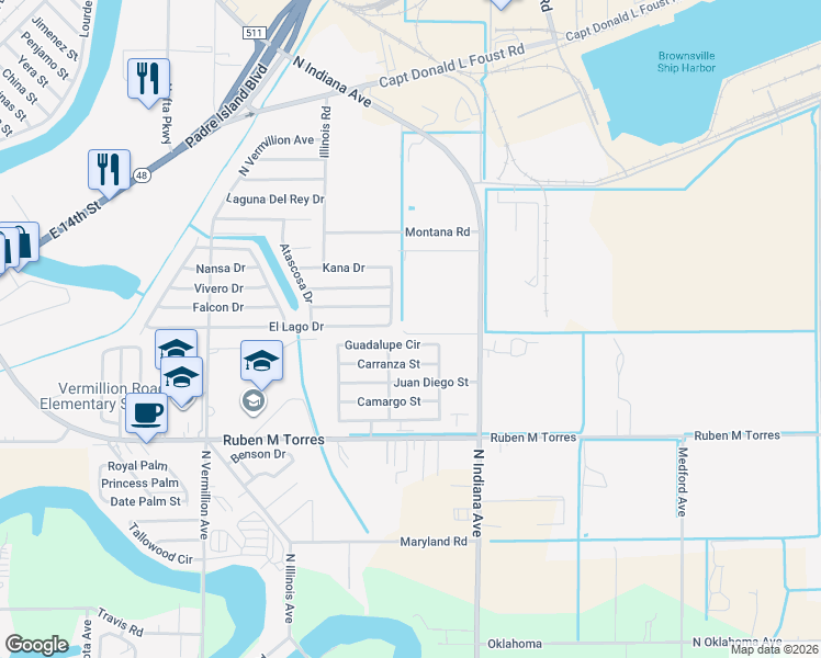 map of restaurants, bars, coffee shops, grocery stores, and more near 355 N Indiana Ave in Brownsville