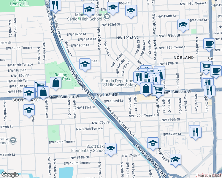 map of restaurants, bars, coffee shops, grocery stores, and more near 1101 Miami Gardens Drive in Miami Gardens