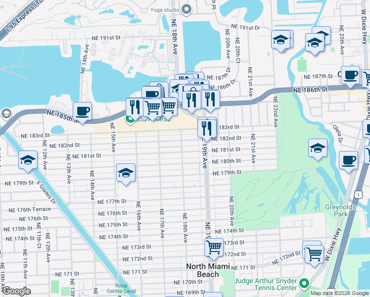 map of restaurants, bars, coffee shops, grocery stores, and more near 1801 Northeast 181st Street in North Miami Beach