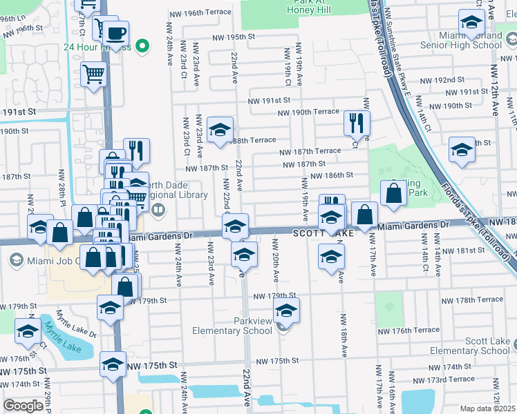 map of restaurants, bars, coffee shops, grocery stores, and more near 2038 Northwest 185th Street in Miami Gardens