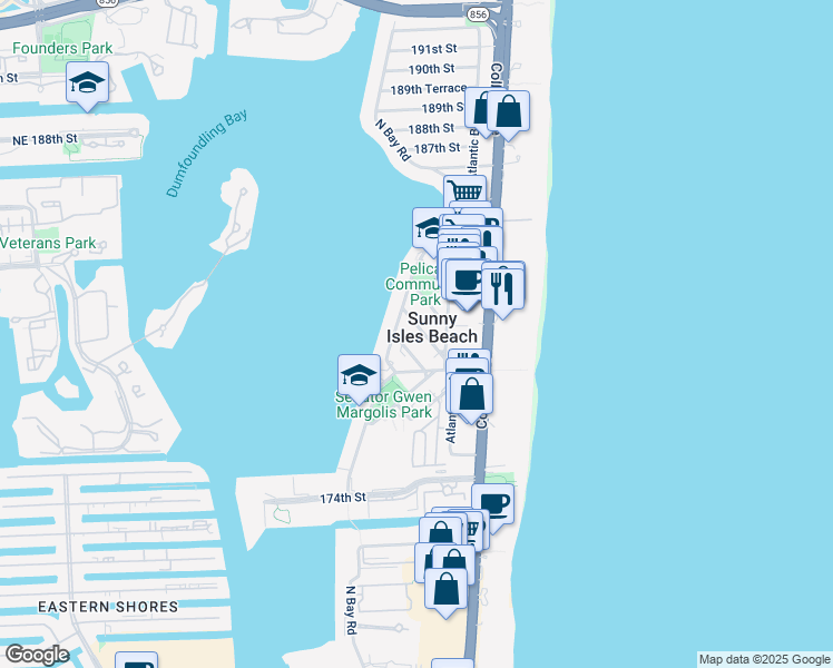 map of restaurants, bars, coffee shops, grocery stores, and more near in Sunny Isles Beach