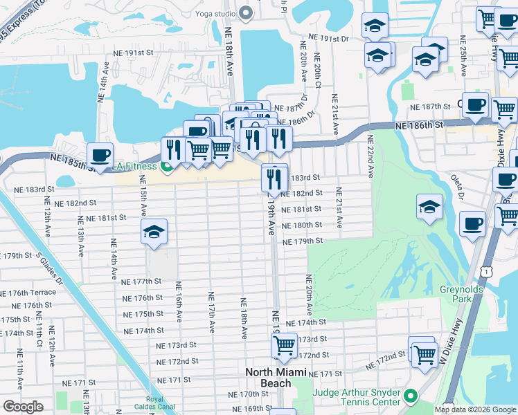 map of restaurants, bars, coffee shops, grocery stores, and more near 18100 Northeast 19th Avenue in North Miami Beach
