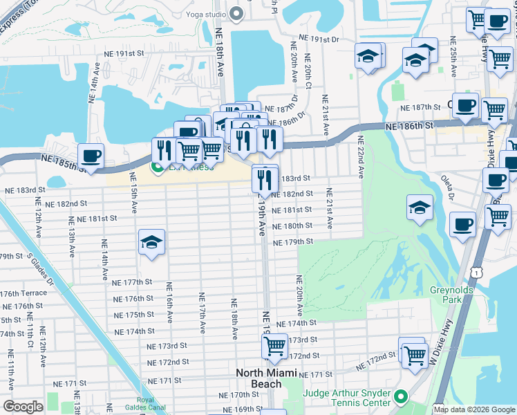 map of restaurants, bars, coffee shops, grocery stores, and more near 18100 Northeast 19th Avenue in North Miami Beach