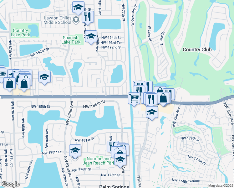 map of restaurants, bars, coffee shops, grocery stores, and more near 18640 Northwest 78th Avenue in Hialeah