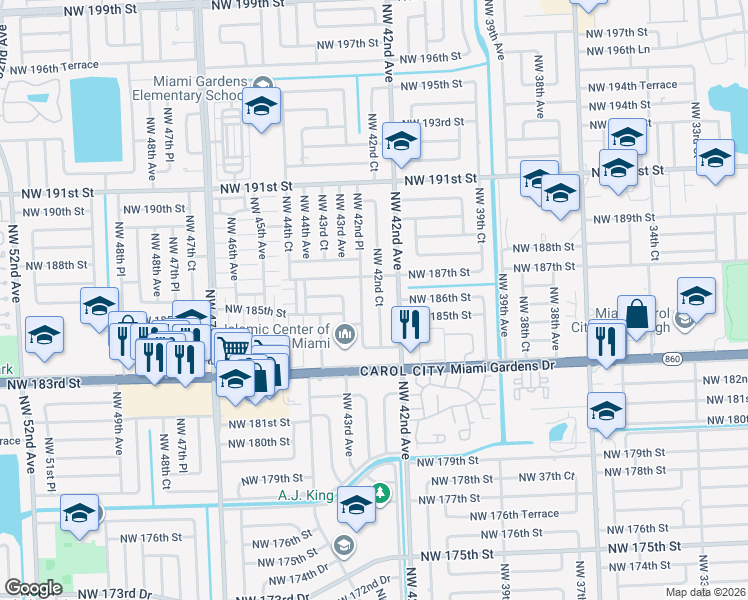 map of restaurants, bars, coffee shops, grocery stores, and more near 18555 Northwest 42nd Place in Miami Gardens