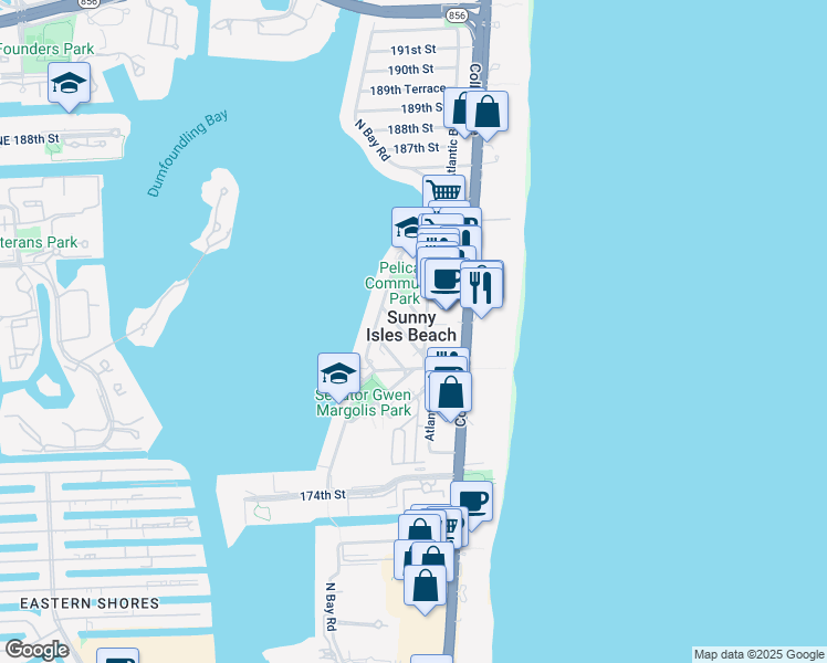 map of restaurants, bars, coffee shops, grocery stores, and more near in Sunny Isles Beach