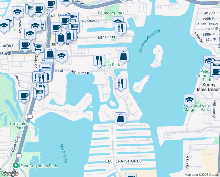 map of restaurants, bars, coffee shops, grocery stores, and more near 17880 Northeast 31st Court in Aventura