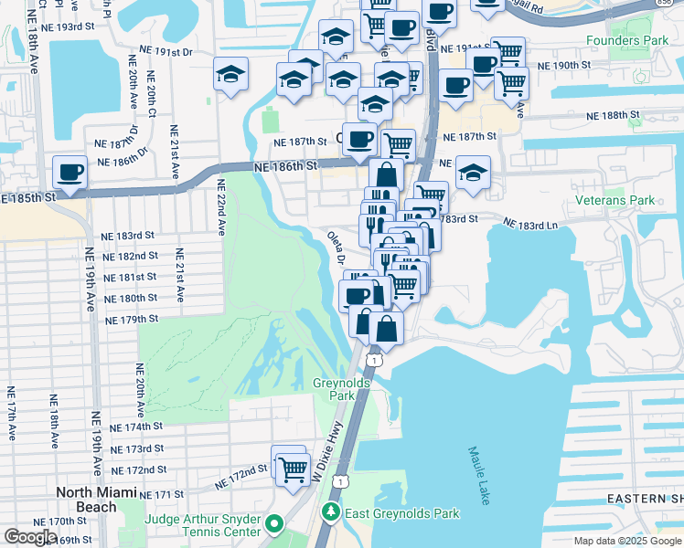map of restaurants, bars, coffee shops, grocery stores, and more near 2500 Northeast 181st Street in Miami