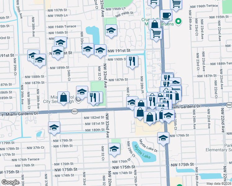 map of restaurants, bars, coffee shops, grocery stores, and more near 3015 Northwest 185th Street in Miami Gardens